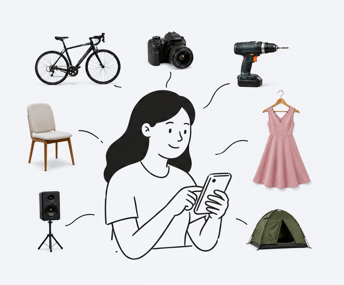 Pessoa folheando o catálogo da Alugoo, cercada por itens para alugar: bike, câmera, furadeira, vestido, cadeira, caixa de som e barraca